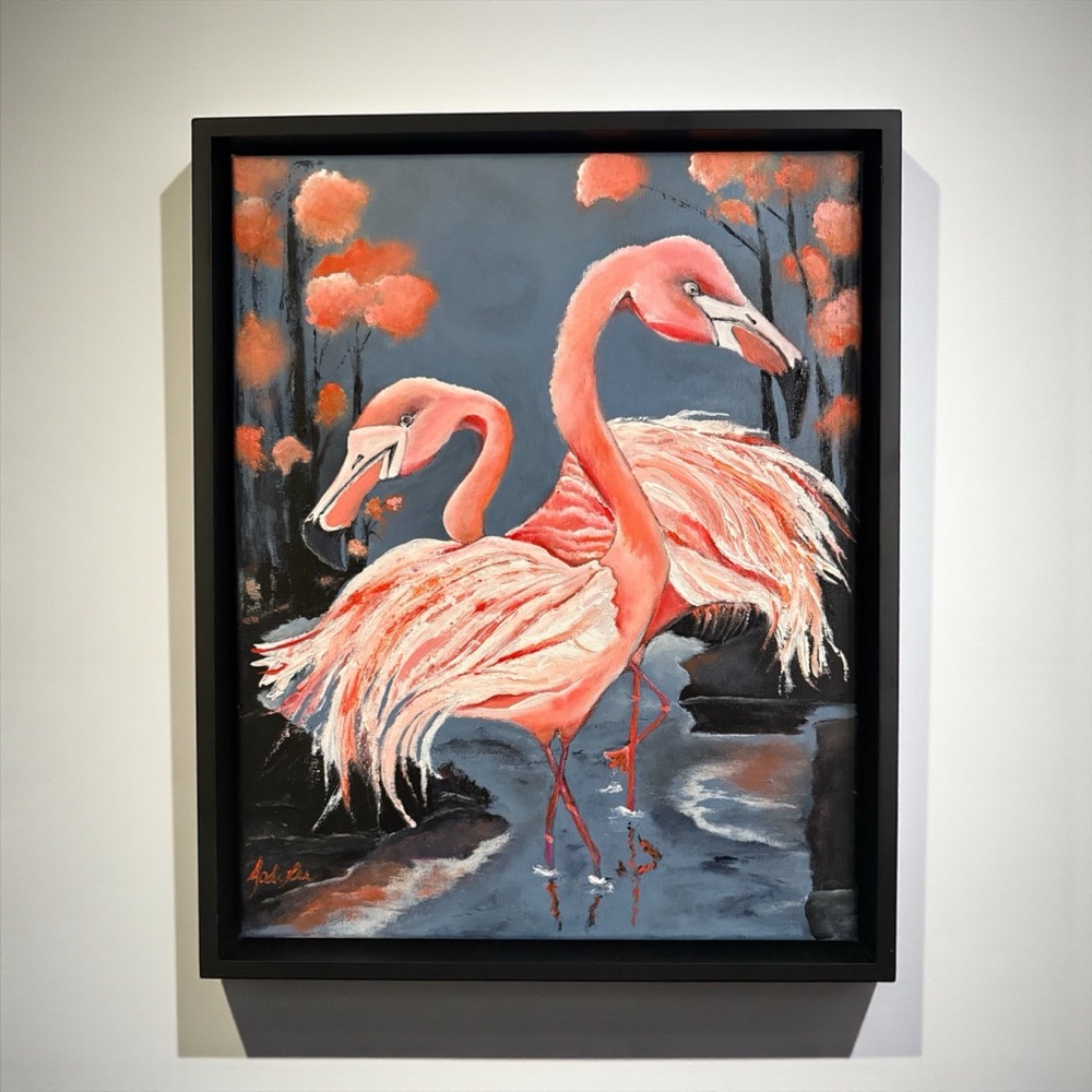 Elegant Flamingo Original Painting in Black Frame